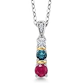 Gem Stone King 925 Silver and 10K Yellow Gold Round Red Ruby Blue Diamond and White Moissanite Pendant Necklace For Women (0.60 Cttw, Gemstone July Birthstone, with 18 Inch Chain)