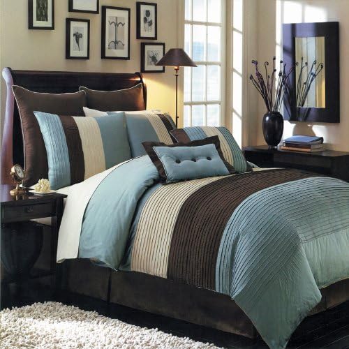 Maiija Luxury 8 Piece Blue Brown Ivory Comforter Set (King, Blue)