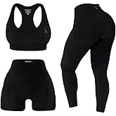 SereneFit 3 Piece Workout Sets For Women Seamless High Waisted Matching Exercise Leggings Shorts and Sports Bra Active Set