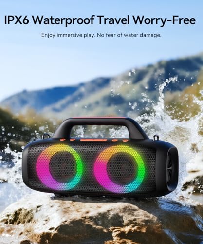 BassBloom Roar 1 Portable Bluetooth Speaker, 60W Powerful Sound with JIKE Bass, IPX6 Waterproof, 24H Playtime, Bluetooth 5.4, TWS Pairing, RGB Party Lights, for Travel Outdoor Camping and Beach