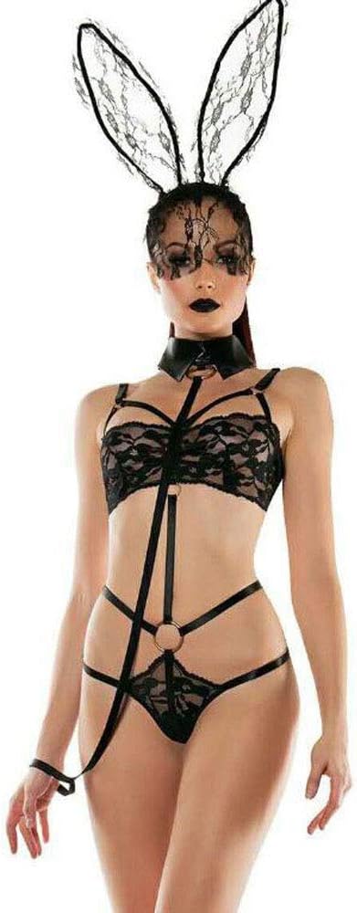 YCWY Sexy Lingerie for Women, Mini Babydoll Lingerie Women's Mesh Sleepwear Comfortable Lace Lingerie Rabbit Ear Set 4 Suits