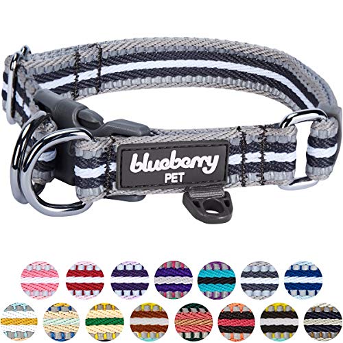 Blueberry Pet 15 Colors 3M Reflective Multi-Colored Stripe Adjustable Dog Collar, Gray and White, Medium, Neck 14.5"-20"
