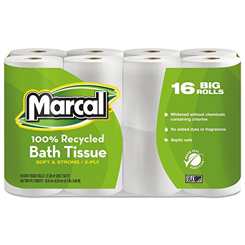 Marcal Toilet Paper 100% Recycled - 2 Ply White Bath Tissue, 168 Sheets Per Roll - 16 Big Roll Green Seal Certified Toilet Paper 16466