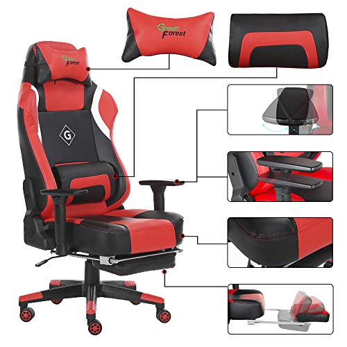 GreenForest Office Gaming Chair Ergonomic Computer Chair Tilting Lock Function PU Leather High Back Headrest Footrest and Lumbar Pillow, Red - Thumbnail 5