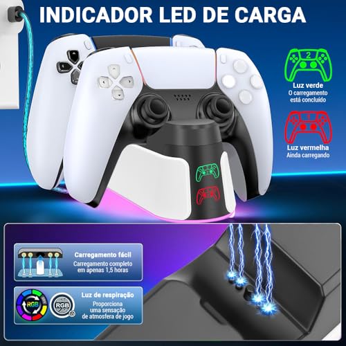 Base de Carregamento Rápido Duplo, Estação Suporte de Carregador para Controles Sem Fio, Base Pesada e Ancoragem Segura, Design Compacto, Dock USB-C com Indicador LED
