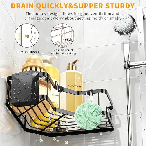 Yoawllty Bathroom Organizer, 2 Pack Corner Shower Caddy, Adhesive Shower Corner Organizer Shelves, No Drilling Stainless Steel Shower Storage Rack with Hooks,Toothbrush Holder,Soap Holder for Bathroom