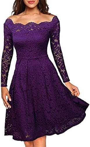 boyue bros Women's Vintage Floral Lace Long Sleeve Boat Neck Cocktail Formal Swing Dress (L, Purple)