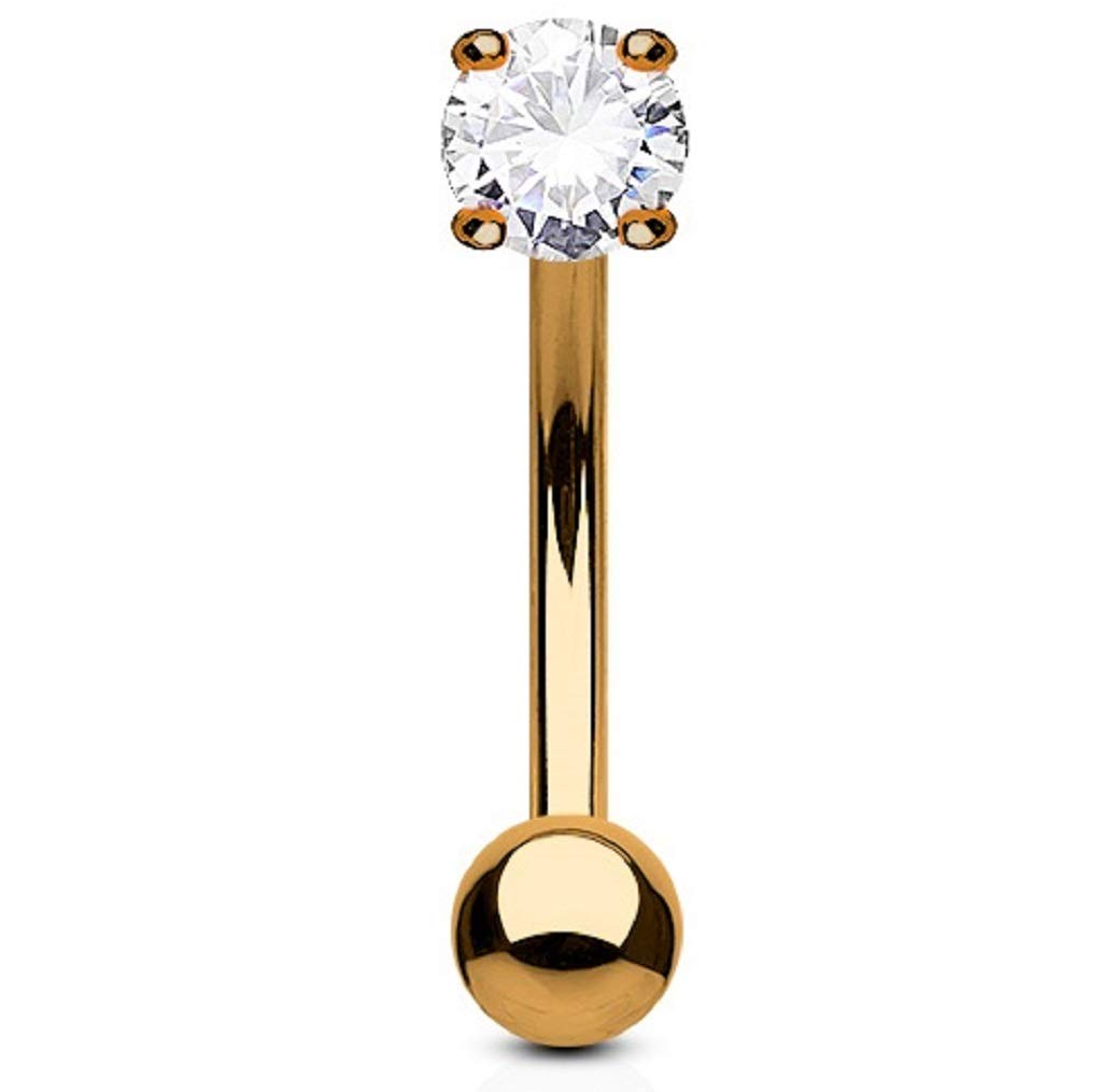 PiercedOff Rose Gold Tone PVD over 316L Surgical Steel 1.2mm Curved Barbell with 3mm Clear CZ Balls - Bar Length 8mm