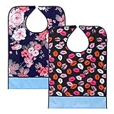 Sumnacon Reusable Waterproof Adult Bibs 2 Pack with Crumb Catcher- Machine Washable, Large Extra Long Mealtime Protector, Dining Bibs with Crumb Catcher(Lip-Prints+Flower)