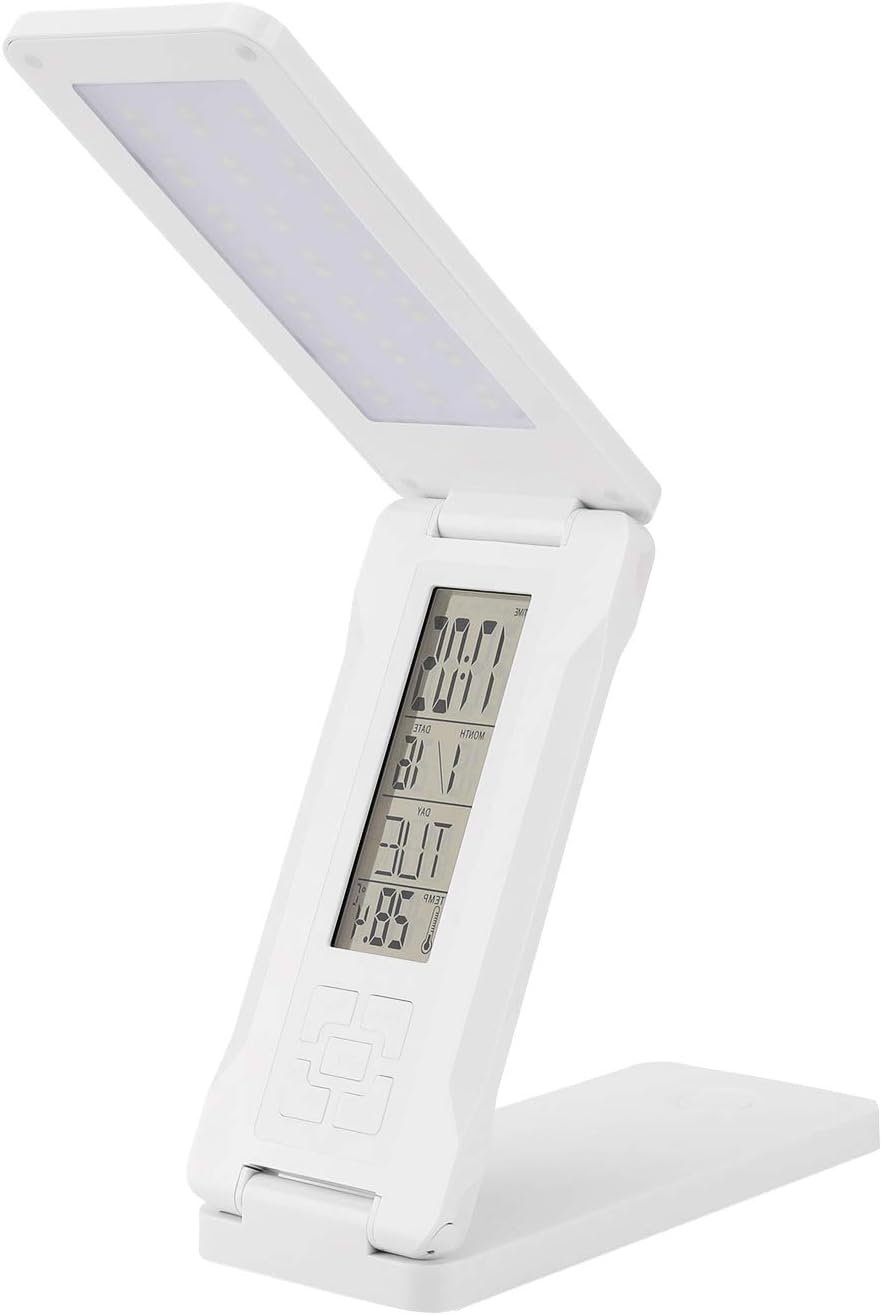 MACASA Led Desk Lamp Foldable Table Lamp USB Rechargeable Light, 12000mAH Power Bank Touch Control Brightness and Color Temperature,Memory Function with Alarm Clock Calendar Temperature Display