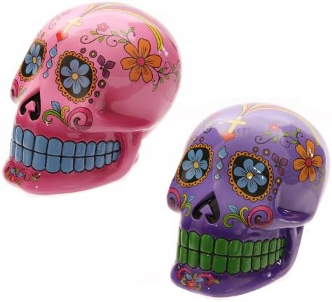 Lauren Billingham20cm Day of the Dead Skull Money Box Bank Pink or Purple (pink)