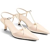Coutgo Womens Low Kitten Heels Closed Pointed Toe Cutout T-Strap Pumps Wedding Prom Dress Shoes