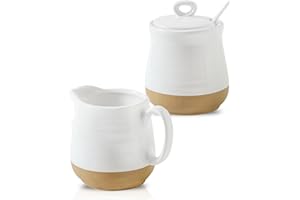 Tikooere Ceramic Sugar and Creamer Container Set of 3,10 Ounce Cream Pitcher,11 Ounce Sugar Bowl with Lid and Spoon,Farmhouse Coffee Bar Accessories Set for Serving,Microwave & Dishwasher Safe,White