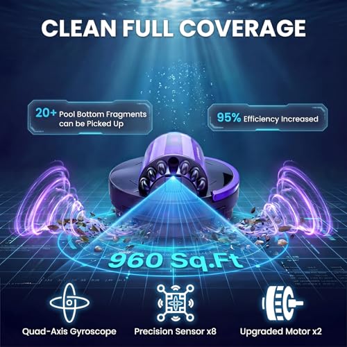 Cordless Robotic Pool Vacuum for Above/In-ground Flat Pool up to 960 Sq.ft | Pool Cleaner Robot 100 Min Runtime, Self-Parking, with Dual high-Powerful Motors Provide Strong Suction