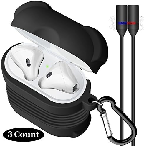 YOMETOME AirPods Case,Air Pods Accessories Cover Shockproof Silicone Protective Skin kin with AirPods Strap &amp;Anti-Lost Carabiner for Apple Airpods Charging Case Black