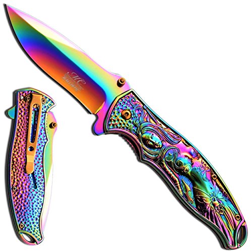 Masters Collection Fairly Folder Coat Scupptured Blade with Clip, Rainbow, 4.75"