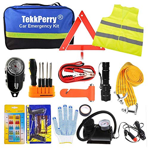 TekkPerry Auto Car Truck Roadside Assistance Kits,14-Piece Tools Set Car Solution Kit with Jumper Cables, Tire Pressure,Tow Trap,Reflective Triangle - Thumbnail 6