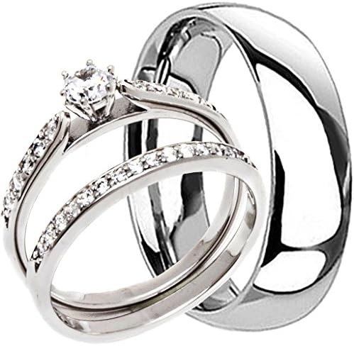 3 Pieces Men's and Women's, His &amp; Hers, 925 Genuine Solid Sterling Silver &amp; Titanium Engagement Matching Wedding Anniversary Ring Set