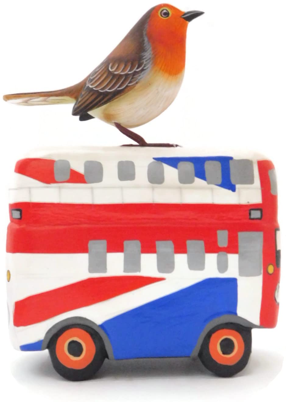 Brave Wings Hand Carved and Painted Wooden Bird - The European Robin Red Breast (Erithacus rubecula) Bird On Bus - Ornament Sculpture Figurine Statue Unique Decoration Home Decor - 1579