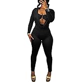 LXUAMR Jumpsuits for Women Sexy Deep V Neck Long Sleeve Jumpsuit Cut Out Bodycon Jumpsuit Going Out Outfits
