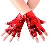 JISEN Women Wet Look Lace Heart Insert Fingerless Lame Gloves 5.5 Inch Red