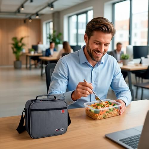 Saco de Comida Térmica 4,2 L - Saco Térmico Conjunto com 2 Recipientes Herméticos de 0,6 L e 0,8 L, Lancheira de Parede Extra Espessa com Efeito Frigorífico, Lancheiras de Trabalho, Camping, Cinzento
