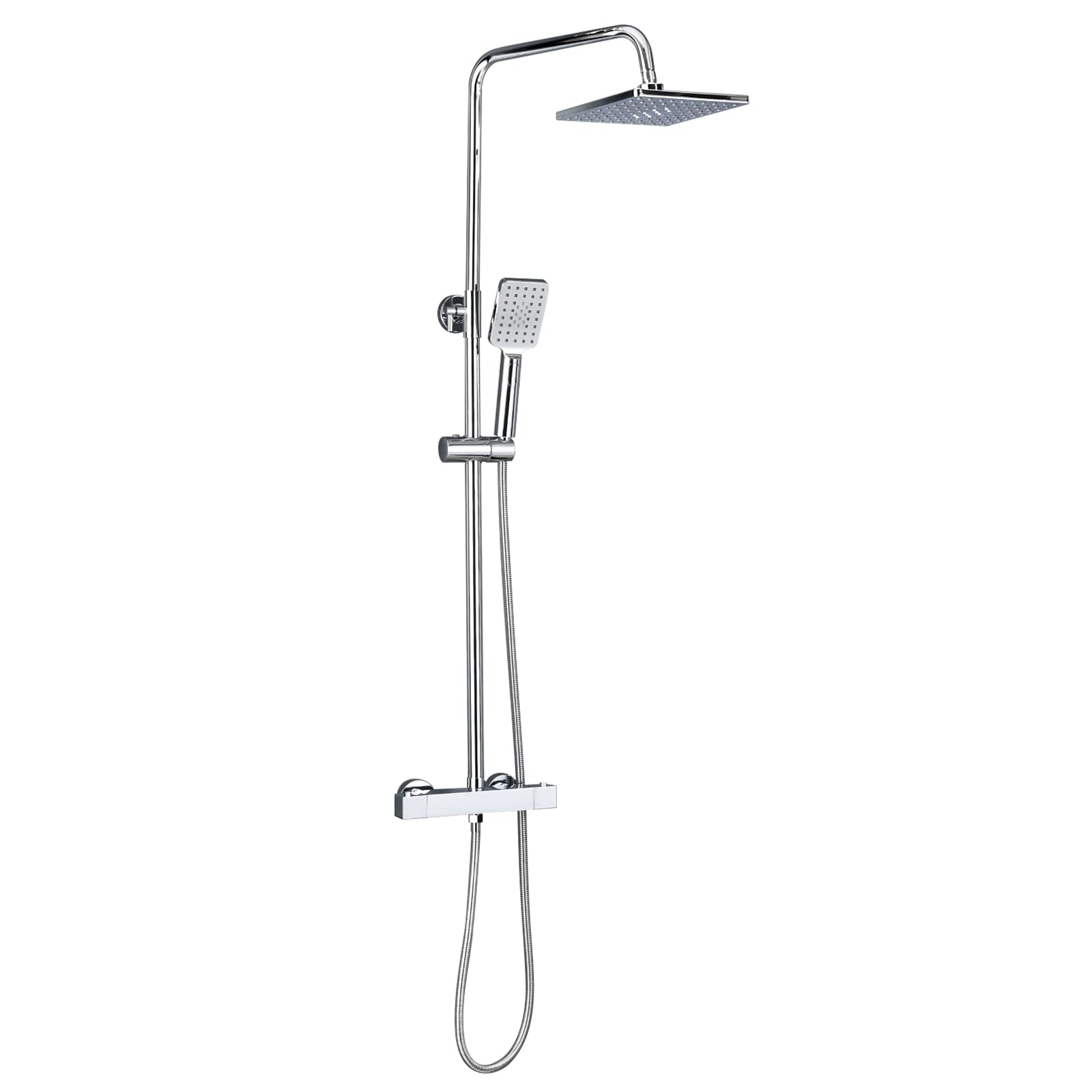 Solepearl Thermostat Shower System, Square Thermostatic 38 °C Shower Mixer Set with Rainfall Shower Head, Handheld Shower, Riser Rail, Adjustable Height Anti Scald Chrome Shower Set