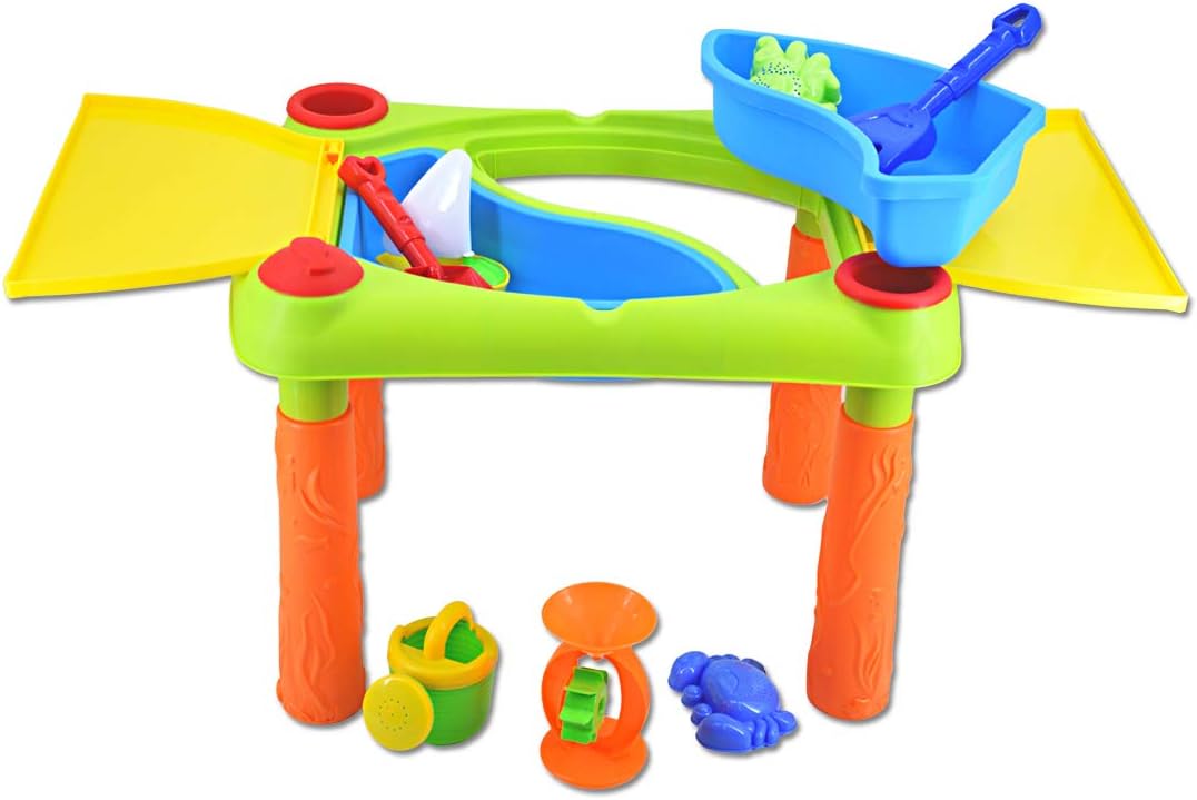 deAO Sand and Water Outdoor Activities Play Table for Kids with Double Compartment, Lids and