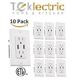 Teklectric 4.2A High Speed Dual USB Receptacle 15A Tamper Resistant Receptacle & Free Wall Plate, White - 10 Pack USB Outlet