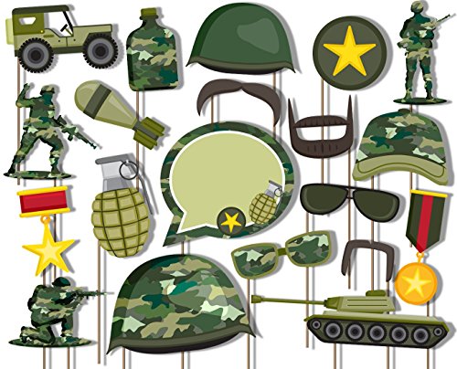 Birthday Galore Classic Camo- Army Military Photo Booth Props Kit - 20 Pack Party Camera Props Fully Assembled