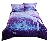 Alicemall 3D Unicorn Bedding Elegant White Unicorn Butterfly Flying Snowflake Print Duvet Cover Set, Soft and Breathable 4 Pieces Purple Bedding Set, Full Size College Bed Set (Full, Purple Unicorn)