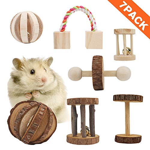 AriTan 7 Pcs Hamster Chew Natural Wooden Toys, Teeth Care for Small Animals Guinea Pig Rats Chinchillas Bunny Rabbits Bird Toys Accessories, Dumbells Exercise Bell Unicycle