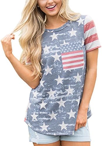 Poptem Womens American Flag Shirt Flowy Tops Short Sleeve USA Shirts Loose Blouse Tunic Tank