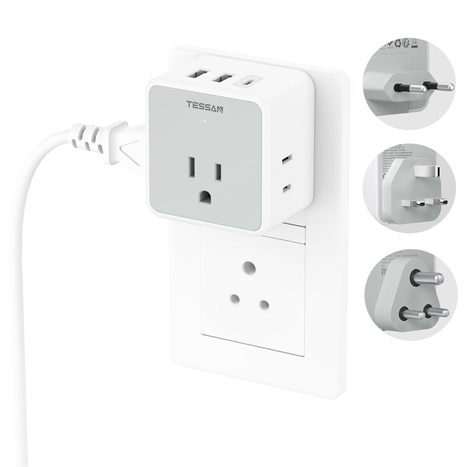 Photo 1 of TESSAN European UK India Travel Plug Adapter Kit, International Detachable with 3 Outlet 3 USB(1 USB C), Type C/G/D EU Power Adaptor, US to Europe Italy Spain France Ireland Dubai Maldives