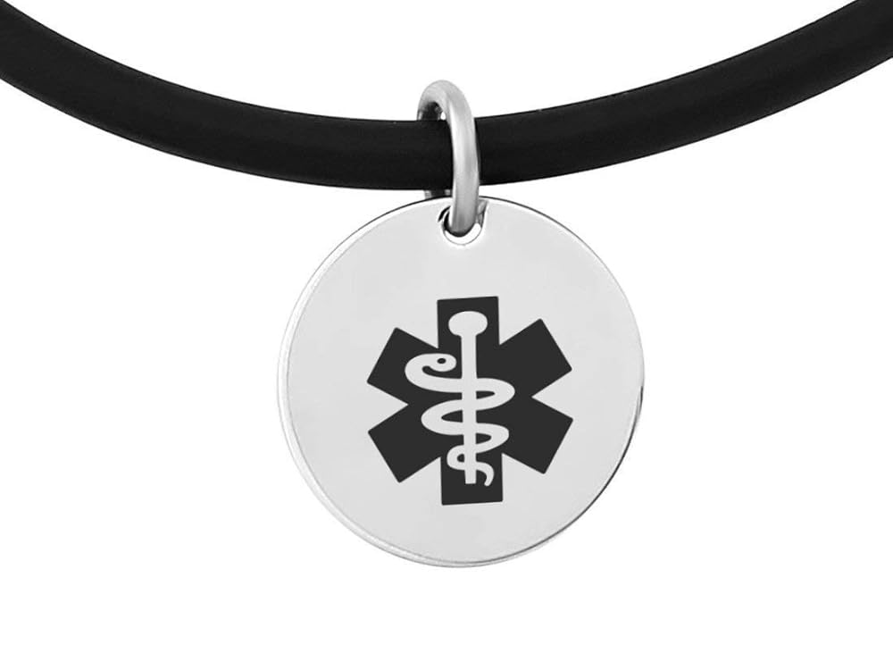 Medical alert necklace. Black rubber cord with break away clasp and