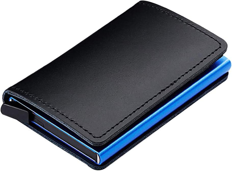 Aluminum RFID Blocking Automatic Pop-Up PU Leather Wallet Men Slim Business Credit Card Holder Blue
