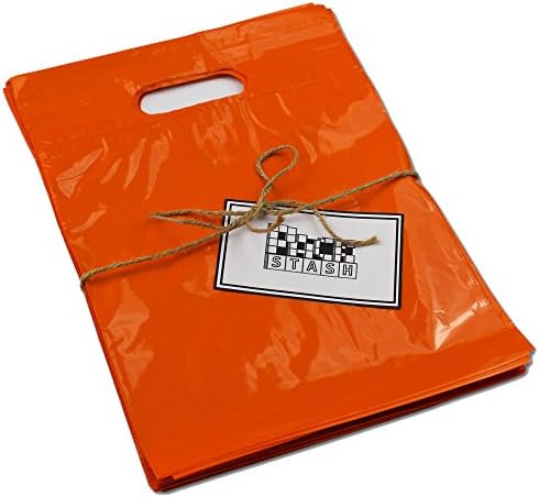 Packstash 16 x 18 x 4" (100 Qty) Orange Retail Merchandise Plastic Shopping Bags - (Large) Premium Tear-Resistant Film, Double Thick Handles, Vibrant Glossy Finish