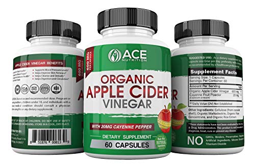 ACE Nutrition Organic Apple Cider Vinegar Capsules (600mg) Natural Detox and Weight Loss Supplements | Cayenne Pepper Metabolism Booster | Raw, Pure, Non-GMO, Gluten Free