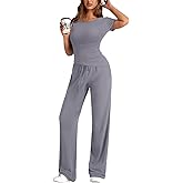 FAIRY SEASON Women's 2 Piece Casual Lounge Sets Summer Outfits Asymmetrical Short Sleeve Tops Wide Leg Pants Matching Set