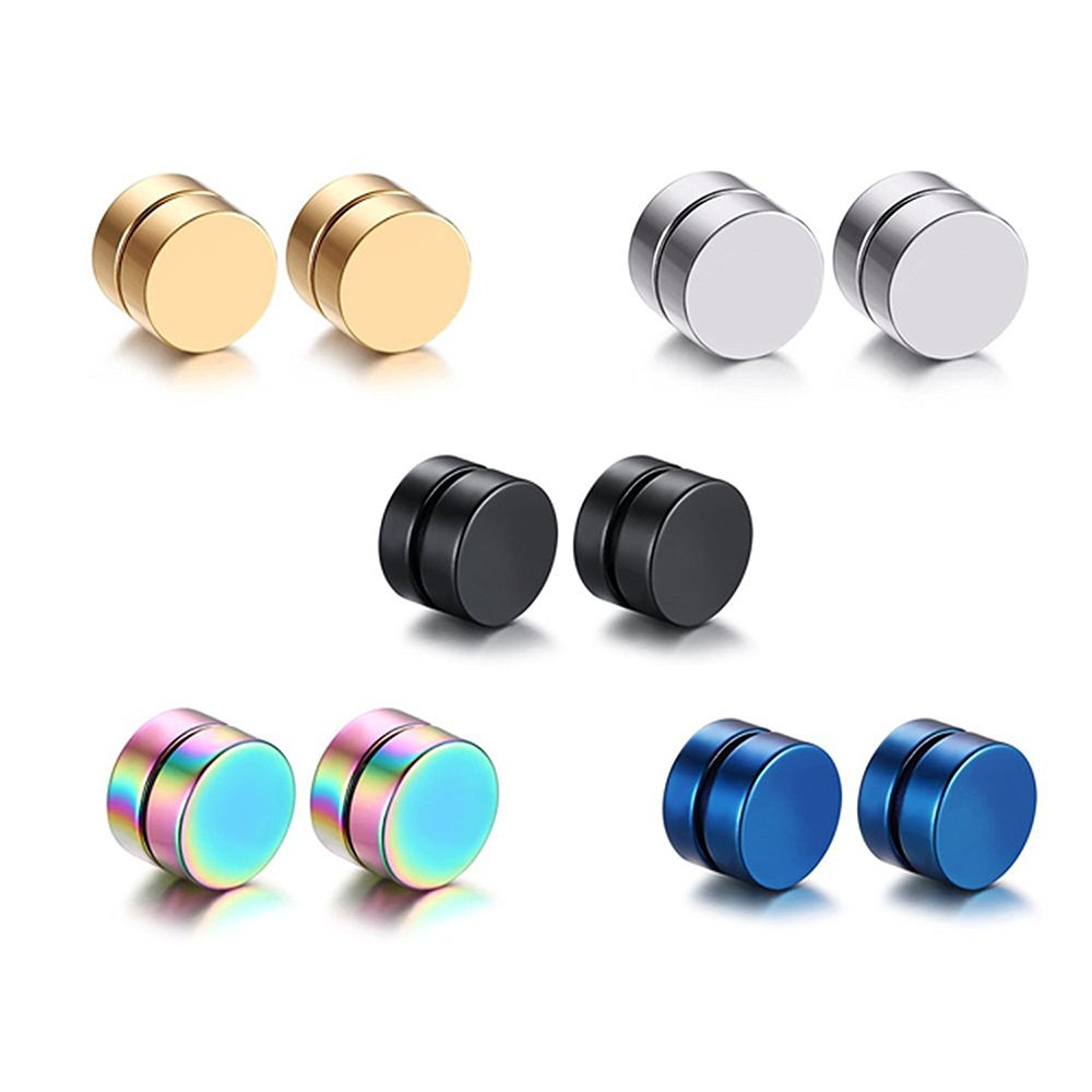 Epoch World 5 Pairs Strong Magnetic Earrings for Men Women Fake Clip On Non Pierced Stud Earrings Hypoallergenic 8mm Diameter