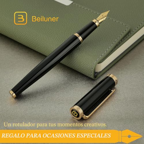 BEILUNER Luxury Fountain Pen, Piano Lacquer with 24K Gold Finish, Reliable Gift with Converter for Him and Her, Elegant Pen - Black and Gold, Fine Nib