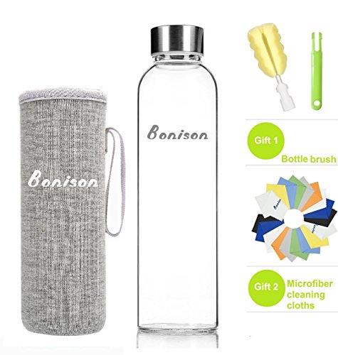 Bonison Unique And Stylish Top Level Quality Environmental Borosilicate Glass Water Bottle With Colorful Nylon Sleeve Glass-550-Gray (18Oz) (602731213690)