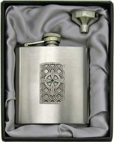 6oz 'Celtic Cross Circle' Heavy Gauge Premium Satin Flask & Funnel Gift Set
