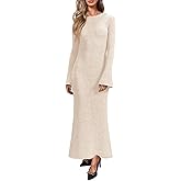 Yousify Womens Bell Long Sleeve Maxi Dress Casual Crewneck Knit Slim Fit Flowy Sweater Dresses