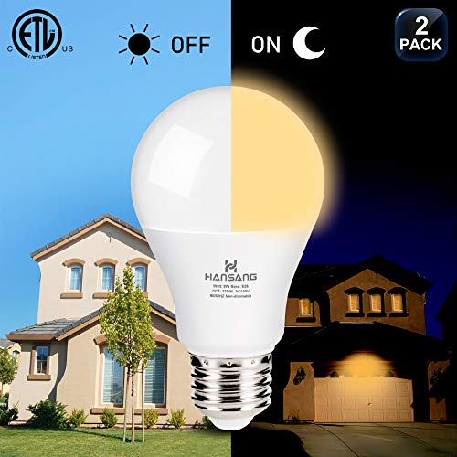 A19 LED Dusk to Dawn Light Bulb,Hansang Sensor Light Bulbs with Photocell,2700K Warm White,9W (60W Equivalent),E26 Medium Base,Outdoor Light Bulb for Porch,Patio,Hallway,Auto On/Off,750LM,2 Pack