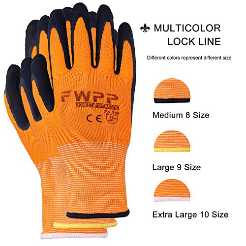 FWPP High Visibility Nylon Latex Foam Coated Work Gloves,Breathable Soft Wearproof Non-slip Comfortable Safety Protective Glove Pack of 6Pairs Large Fluorescence Orange