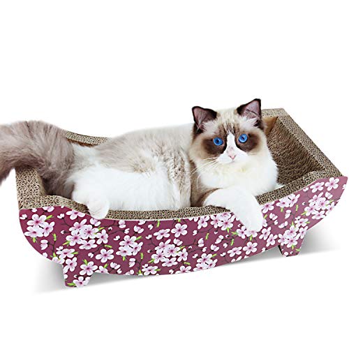 ScratchMe Cat Scratching Post Lounge Bed, Boat Shape Cat Scratcher Cardboard with Catnip, Durable Recycle Board Pads Prevents Furniture Damage