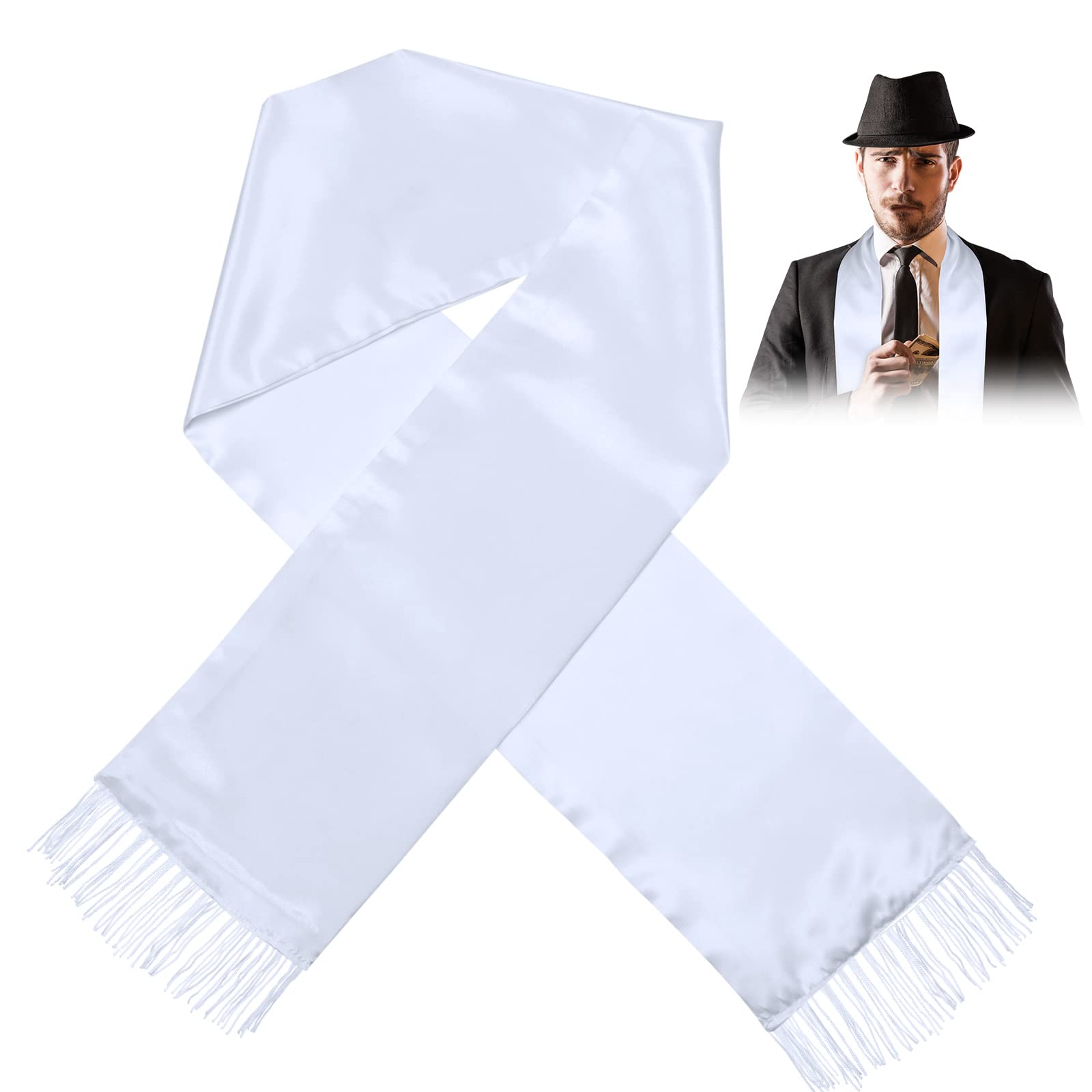 Geyoga White Scarf Men 1920's Scarf with Tassels Halloween Costume Long Shawl Fancy Dress 1920s Accessories for Men Women Outfit Gangster Cosplay Party Decoration Supplies