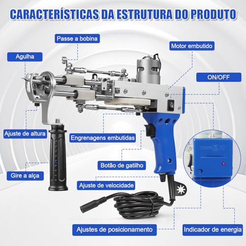 Arma de Tufos de Tapete, Kit Iniciante de Pistola de Tufos de Tapete com Aparador de Carpetes, kit de Tufos de Tapete de Pilha de Corte 2 em 1, Pistola Elétrica Rug Tufting Gun com Velocidade
