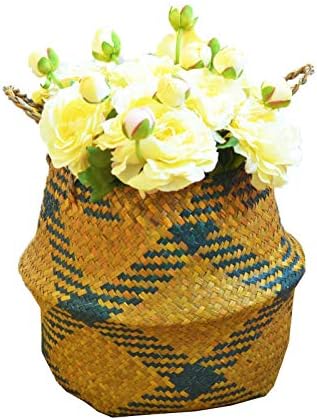 SZETOSY Natural Seagrass Basket - GOODCHANCEUK Seagrass Belly Basket Hand Woven Storage Basket With Handle Toys Laundry Basket Flower Planter Yellow Square Style#6 38CMx36CM